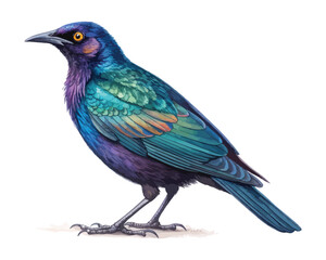 Fototapeta premium Watercolor Starling Bird Clipart, Glossy Wild Bird Illustration, Isolated on White