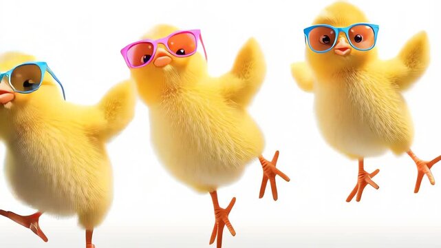 Cute dancing yellow chicks wearing colorful sunglasses