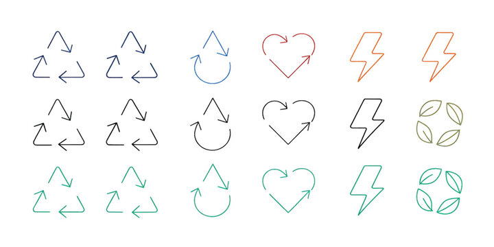 Recycle, reuse, renewable icons. Vector thin line outline stroke illustration signs in triangle, drop, heart, leaves and bolt shape
