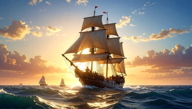A large sailing ship on the ocean during a vibrant sunset