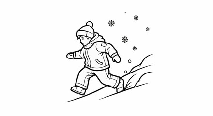 Fototapeta premium A child in winter clothes runs downhill in falling snow