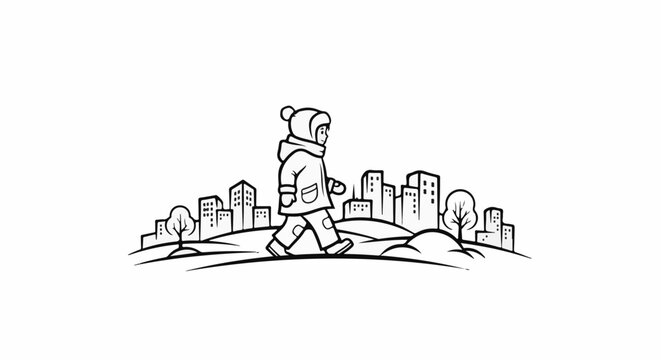 A child in winter clothes walks through a city park with buildings in background