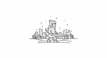Naklejka premium A child walks through a city in the snow wearing winter clothes