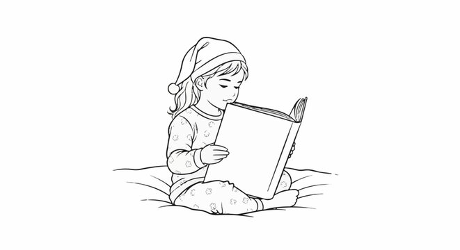 A child in pajamas and a nightcap reads a large book in bed