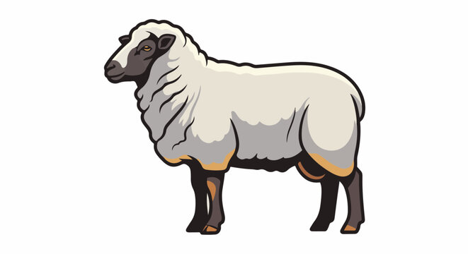 A cartoon sheep standing with its head turned to the left