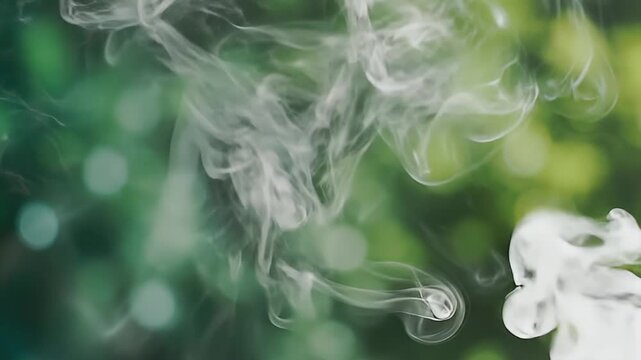 Abstract white smoke against vibrant green bokeh backdrop