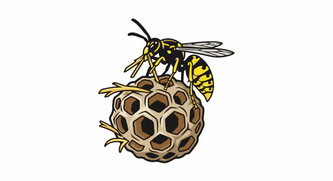 A cartoon wasp with yellow and black stripes sits on a hexagonal nest