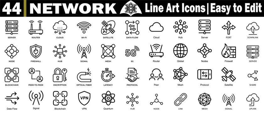 Set of 44 network line art icons. Easy to edit server router cloud wifi satellite data flow hub port downlink icons, vector illustration.