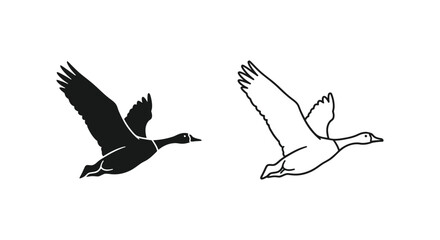 Obraz premium Flying goose vector silhouette and line art set, black wild bird icons in flight, minimalist waterfowl illustrations for hunting and nature logos