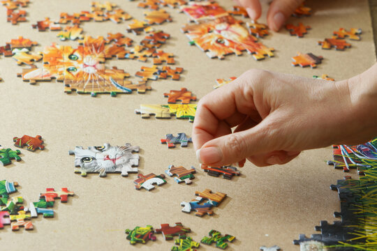 A woman is assembling puzzles at home in natural light. Only hands are visible.