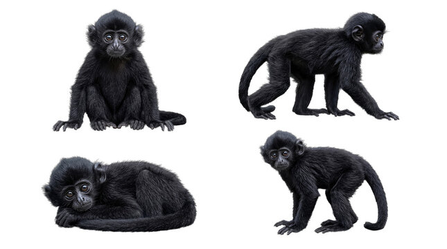 Adorable baby black monkeys in diverse, natural poses, isolated on a clean transparent background.