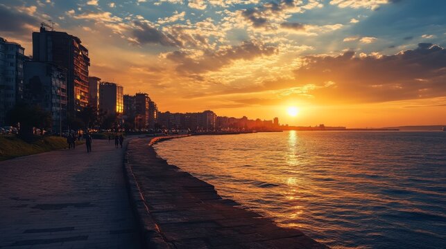 City waterfront at sunset.  People walk along the promenade. Golden hour colours over the water