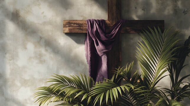 Weathered wooden cross hangs against textured stone wall. Purple cloth drapes gently, adding solemnity to the scene. Lush green palms frame the cross with vibrant contrast