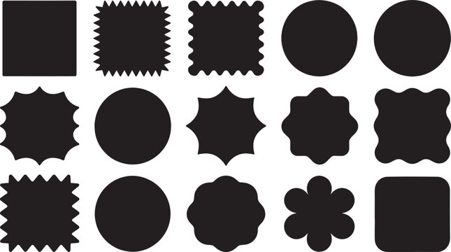Collection of geometric shapes including circles, stars, and clouds in black and white line minimalist