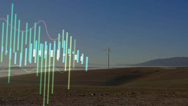 Translucent data bars growing from left on feed start, overlaying hills and showing turbine output