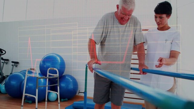 Man shifting weight, stepping on parallel bars for balance rehab, PT guiding, ECG overlay tracking