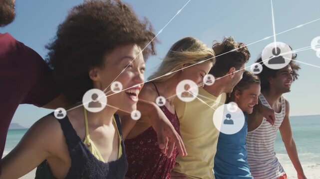 Vertical video: Group arm-in-arm at sea, camera panning, nodes growing showing marketing reach