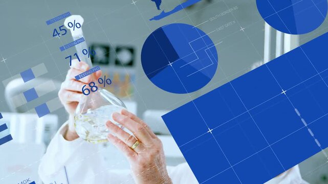 Senior scientist reaching up, rotating flask in lab, aligning with blue overlays, checking clarity