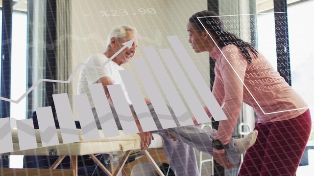 Therapist leaning holding patient leg on table, guiding ROM while rehab charts overlaying tracking