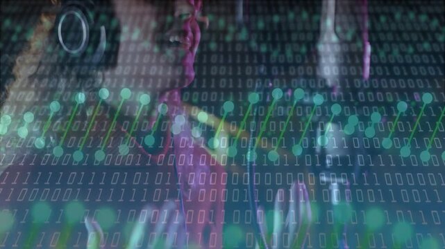 Vertical video: Singer cupping ear and leaning to mic, singing while recording, binary DNA overlay