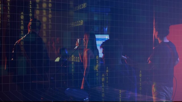 Vertical video: Vocalist stepping forward and raising mic, band rehearsing music while grid pulsing