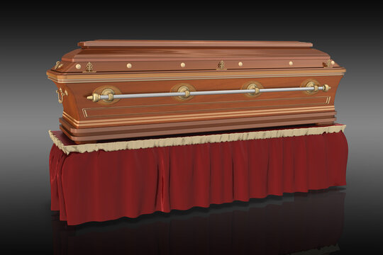 3d Luxus Hochglanz Sarg aus Edelholz und Gold auf schwarz-wei&szlig;en Hintergrund
