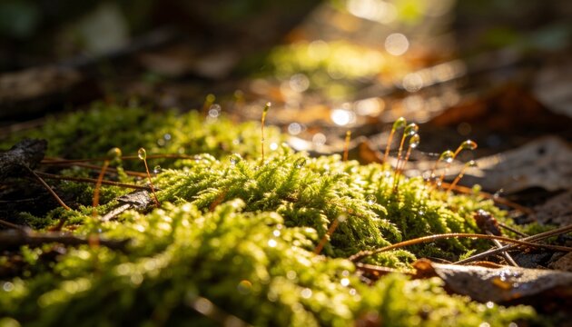 Showing vivid green moss with sporophyte stalks holding dew droplets, pine needles on forest floor