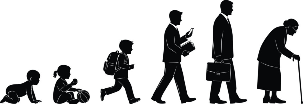 Human Life Cycle Silhouette from Baby to Elderly Person, Aging Stages Concept Vector Illustration Showing Growth, Development, Adulthood and Old Age Progression.