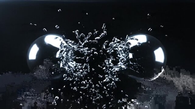 Reflective dark sphere with digital glitch on black background