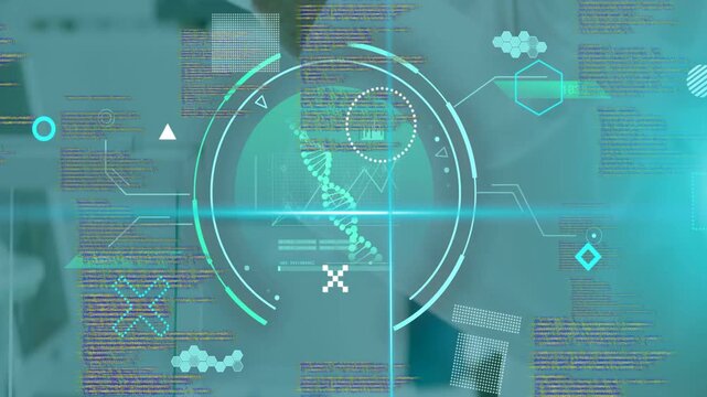 Senior lab scientist lifting vial, initiating HUD DNA animation, inspecting sample for diagnosis