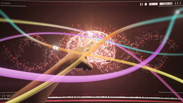Vertical video: Adult hand tapping node, sparking and forming neural orb, creating tech network