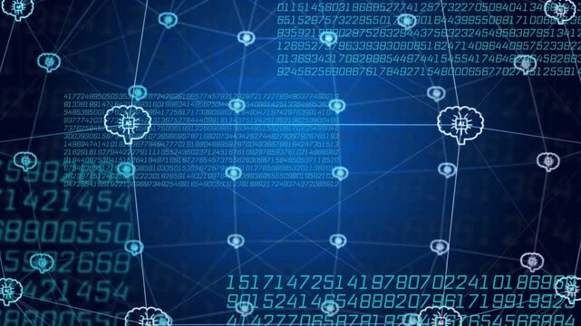 Stylized 3D grid showing node grid while numeric panels sliding, initiating pulsing links for tech