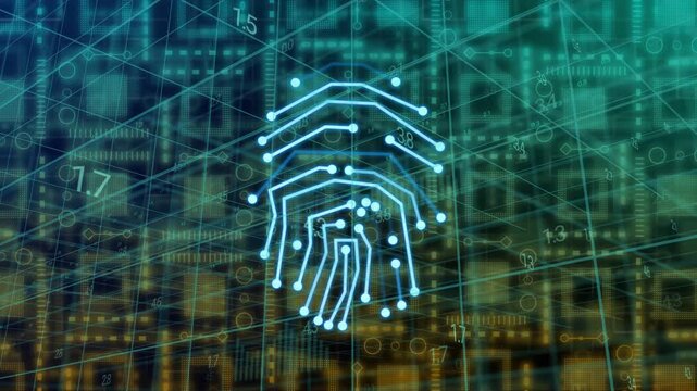 Vertical video: Biometric print assembling from cyan nodes, pulsing then fading for access on grid