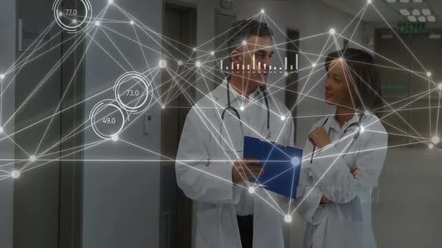 Male holding blue folder  and  presenting, woman noting  and  pointing, gauge overlay animating arou