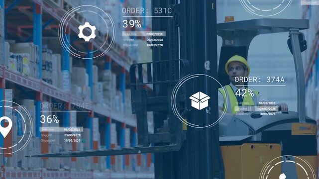 Operator pressing controls moving warehouse aisle as HUD package icons progress processing orders