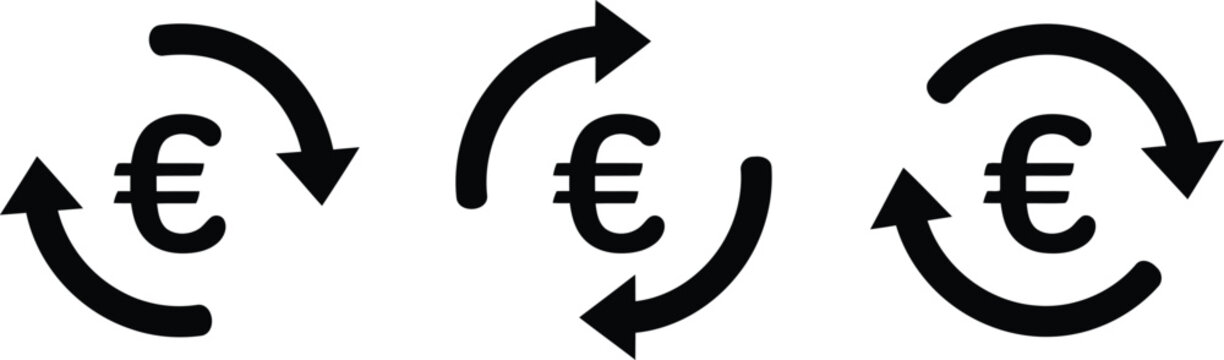 A set of three black icons featuring the euro currency symbol surrounded by rotating arrows sign. Vector