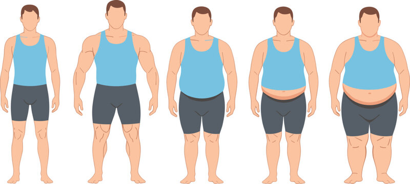 Male Body Transformation Stages from Fit to Obese Physique, Weight Gain Progression Concept Vector Illustration Showing Different Body Shapes and Health Conditions.