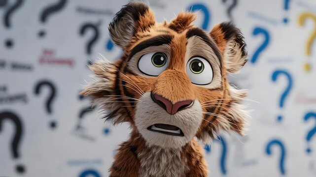 Confused 3D Animated Tiger Character with Question Marks Background