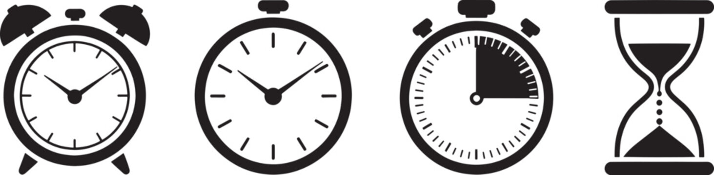 Set of four minimalist black and white clock in flat style, circular and square shapes clock time black and white