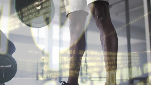 Lead male lifter starting hip-hinge and raising barbell for fitness, with live ticker across frame