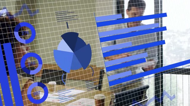 Vertical video: Lead reading charts moving to screen pointing at sales data as blue overlay moving