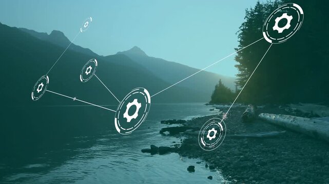 HUD gear node appearing above lake and drifting, forming network for tech data visualization