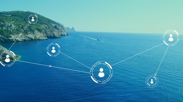 Central user icon activating and spawning peripheral icons over coastal sea, mapping tech network
