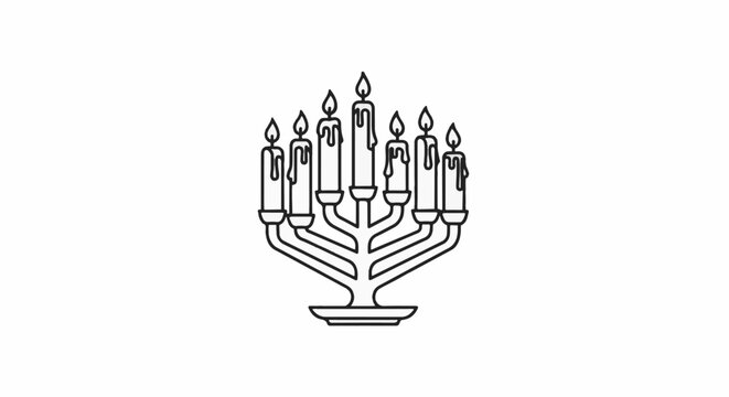 A detailed line drawing of a seven-branched menorah with lit candles