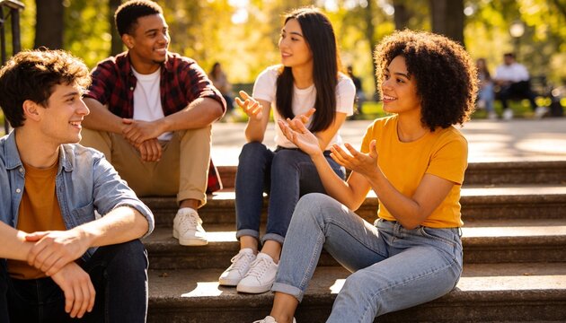 Sitting group of friends chatting on wide stone steps in leafy park, wearing jeans and sneakers