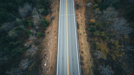 Fototapeta premium Top view of empty road through natural landscape with clean perspective 