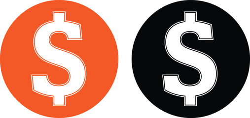 Fototapeta premium Two circular icons featuring a white dollar sign symbol on orange and black backgrounds respectively Vector