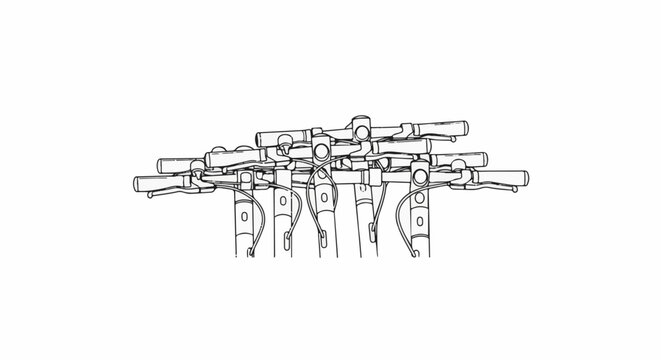 A detailed line drawing of stacked scooter handlebars and stems against a white background