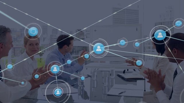 Business lead receiving claps at glass table, team clapping as animated network overlay expanding