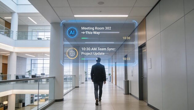 Vertical video: Walking employee wearing dark blazer across atrium after AR HUD to join team sync